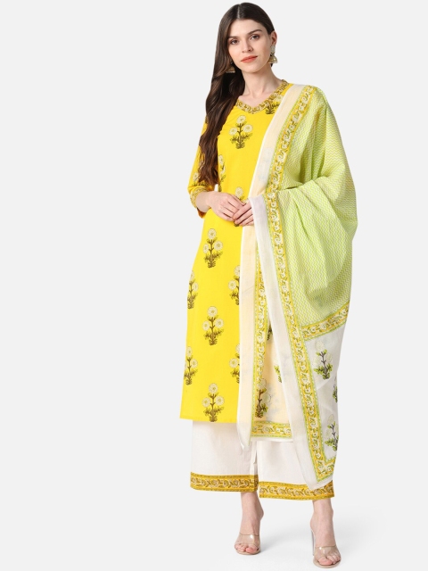 AHIKA Women Yellow & White Printed Kurta with Palazzos & Dupatta