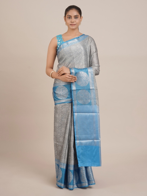 Pothys Grey & Blue Cotton Blend Woven Design Saree