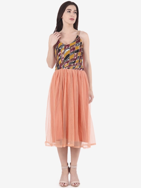 Diwaah Women Peach-Coloured & Black Sequinned A-Line Dress