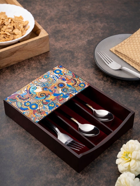 KOLOROBIA Brown & Blue Peacock Printed Cutlery Holder