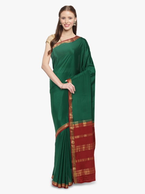 Sudarshan Silks Green & Maroon Pure Silk Solid Mysore Silk Saree