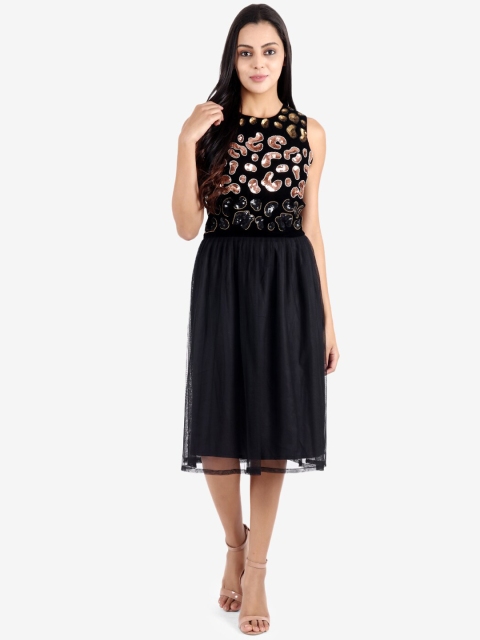 Diwaah Women Black & Peach-Coloured Sequinned A-Line Dress