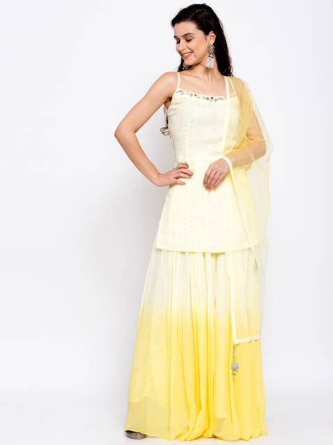 KHALOM Women Yellow Embroidered Kurti with Sharara & Dupatta