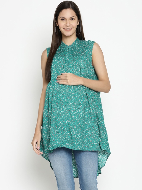 The Vanca Green Printed Mandarin Collar High-Low Longline Top