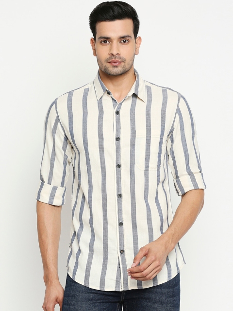Mufti Men Off-White & Navy Blue Slim Fit Striped Casual Shirt