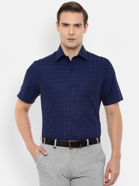 Louis Philippe Men Navy Pure Cotton Checked Formal Shirt, Navy blue