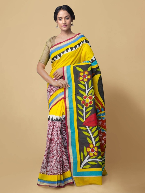 Unnati Silks Yellow Pure Cotton Printed Kasavu Saree