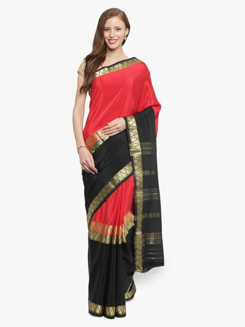 Sudarshan Silks Red & Black Pure Silk Colourblocked Mysore Silk Saree