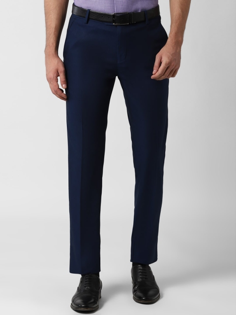 Peter England Elite Men Navy Blue Pure Cotton Slim Fit Solid Formal Trousers