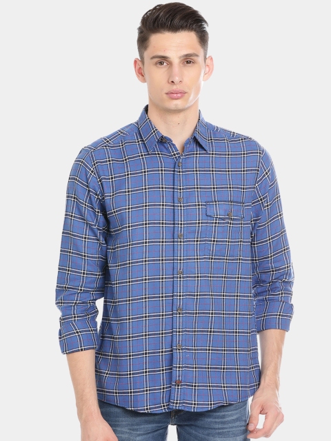 Double Two Men Blue Slim Fit Checked Cotton Casual Shirt