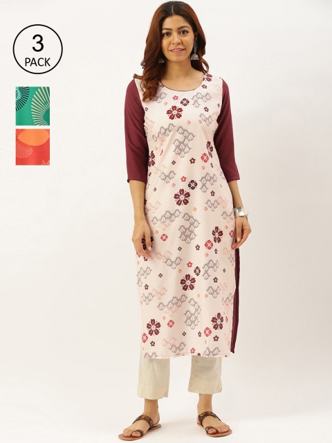 7Threads Women Multicoloured Pack of 3 Ethnic Motifs Printed Crepe Kurta, Multi