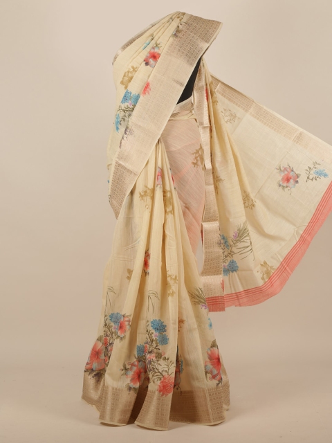 Pothys Cream-Coloured Printed Jute Silk Saree