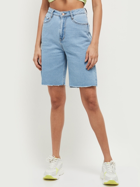 max Women Blue Solid Pure Cotton Regular Fit Denim Shorts