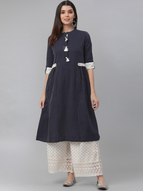nesara Women Navy Blue & White Striped Pure Cotton Kurti with Trousers