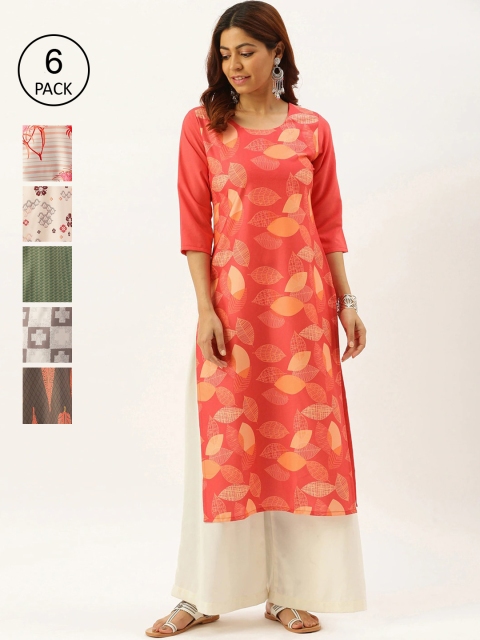 7Threads Women Pack of 6 Ethnic Motifs Printed Crepe Kurtas, Red