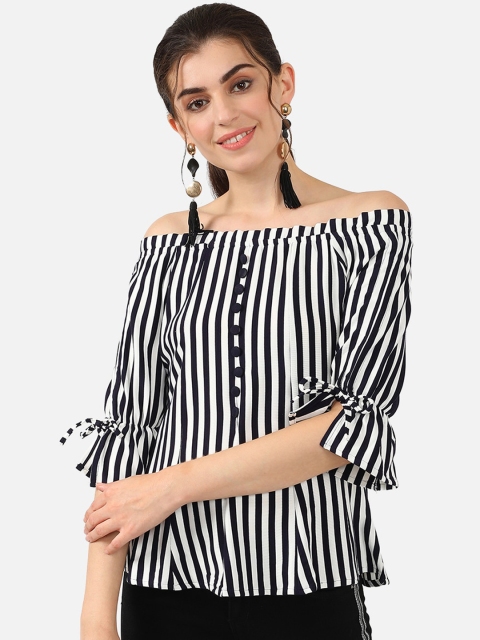 V2 Value & Variety Blue Striped Off-Shoulder Bell Sleeves Bardot Top
