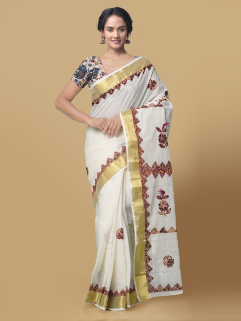 Unnati Silks Cream-Coloured & Red Pure Cotton Embroidered Kasavu Saree