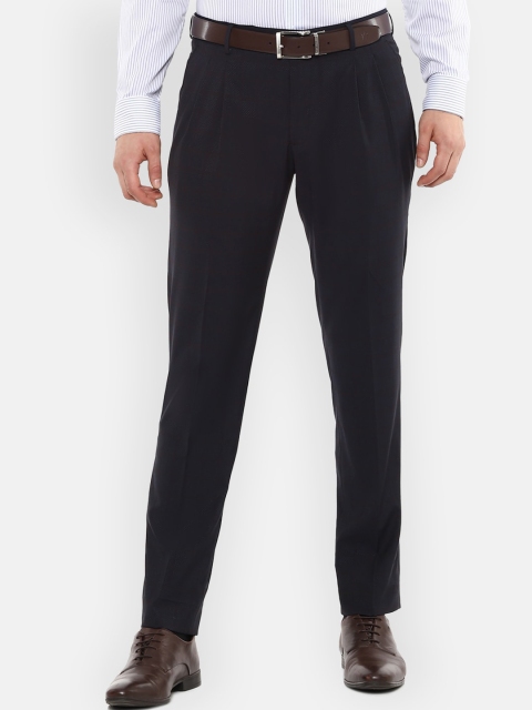 Louis Philippe Men Navy Blue & Brown Regular Fit Checked Formal Trousers
