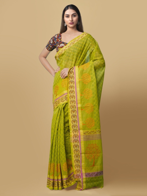 Unnati Silks Green Pure Cotton Printed Mangalagiri Saree