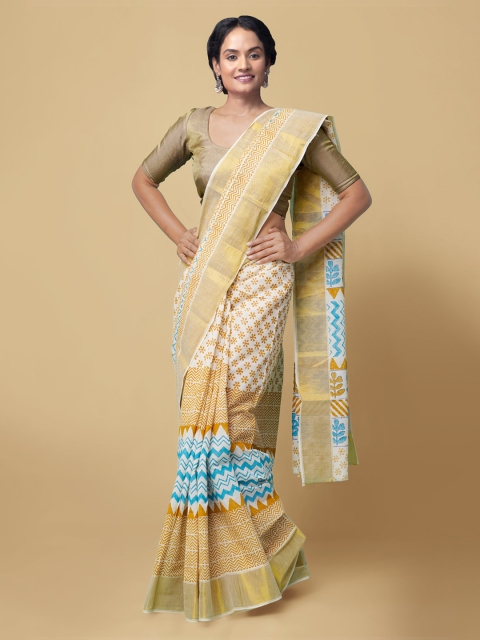 Unnati Silks Cream-Coloured Pure Cotton Printed Kasavu Saree