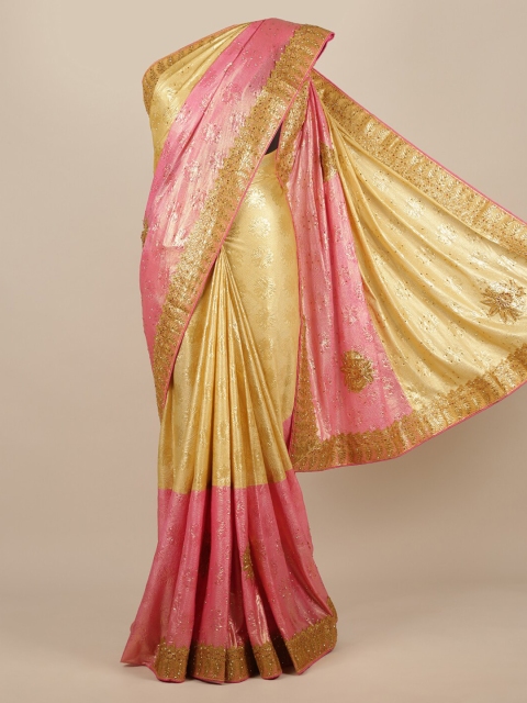 Pothys Cream-Coloured & Pink Jute Silk Woven Design Saree