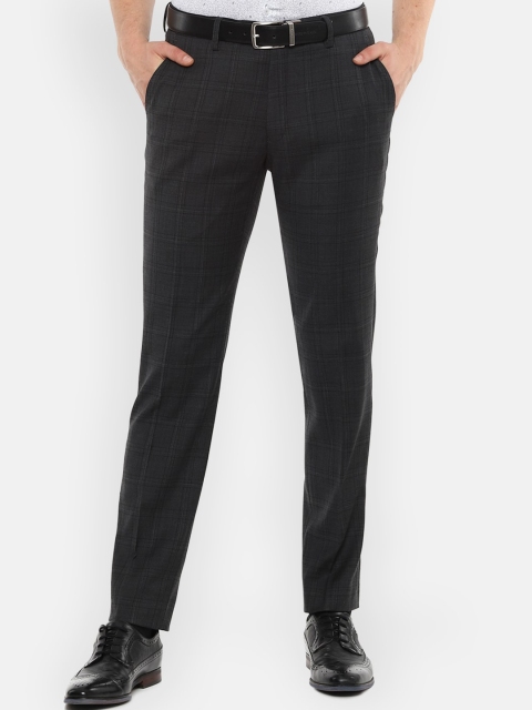 Louis Philippe Men Charcoal Grey Checked Formal Trousers