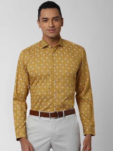 Peter England Men Mustard Yellow & Off-White Slim Fit Printed Formal Shirt