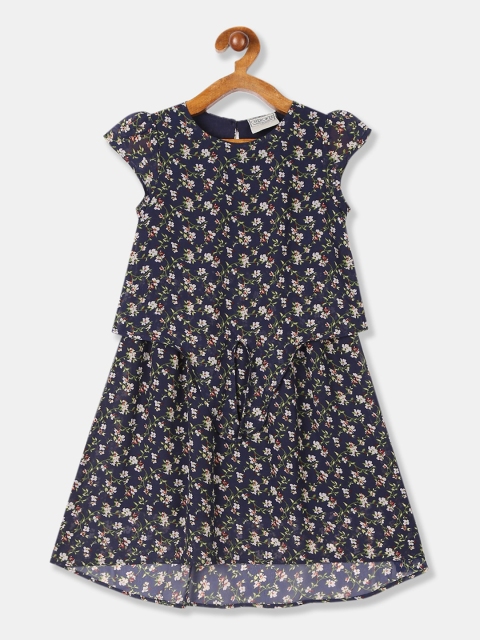 Cherokee Girls Navy Blue & White Layered Printed A-Line Dress