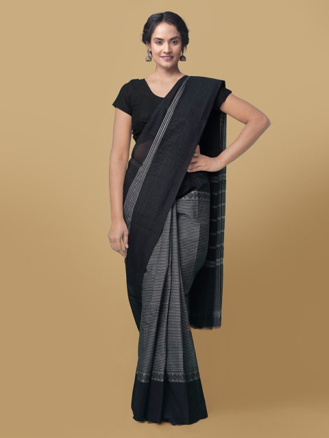 Unnati Silks Grey Pure Cotton Striped Handcrafted Chettinad Saree
