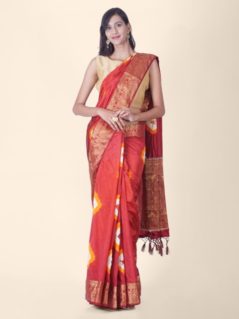 Hastakala Maroon Poly Silk Printed Handloom Bandhani Saree