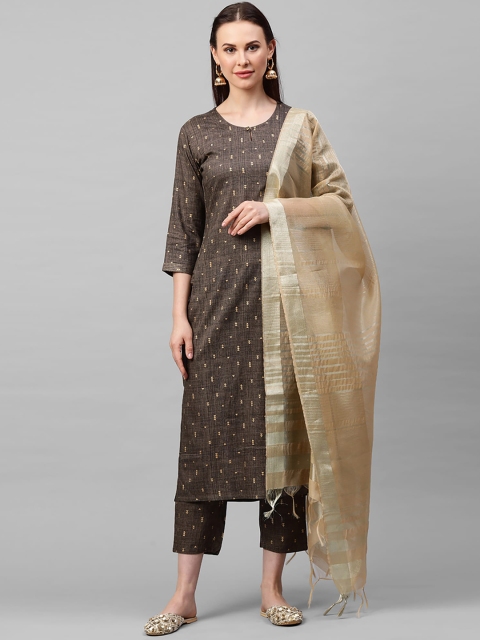 Indo Era Women Brown Printed Regular Straight Kurta with Trousers & With Dupatta