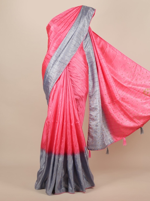 Pothys Pink & Grey Jute Silk Colourblocked Saree