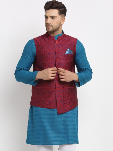 NEUDIS Men Red & Blue Jacquard Woven Design Nehru Jacket