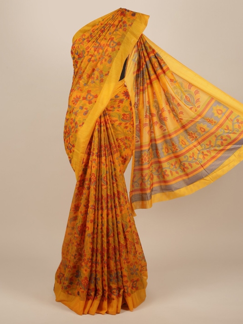 Pothys Yellow Printed Jute Silk Saree