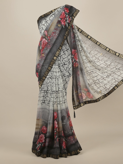 Pothys Grey & Pink Poly Chiffon Printed Saree