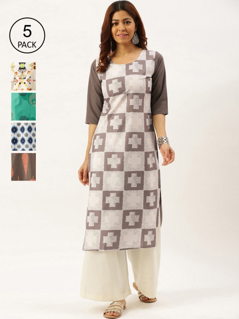 7Threads Women's Crepe Multi Color Digital Print Straight Kurta Pack Of 5