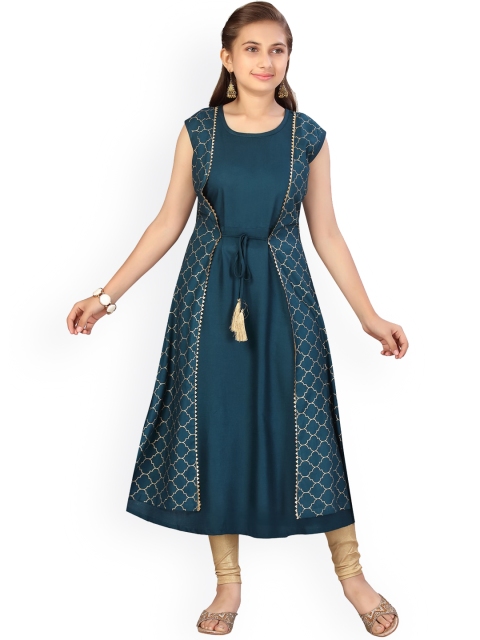 Aarika Girls Green & Beige Printed Kurta with Palazzos