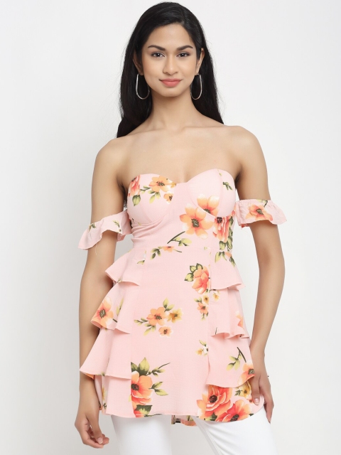 Global Republic Peach-Coloured Floral Off-Shoulder Layered Bardot Top