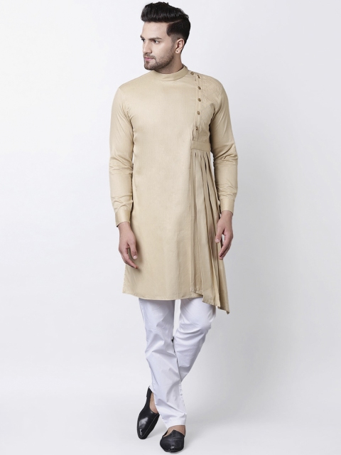 I Know Men Beige Pastels Dobby Angrakha Style Pleated Kurta