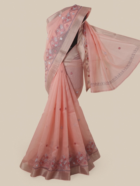 Pothys Peach-Coloured Cotton Blend Woven Design Chanderi Cotton Saree