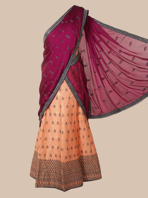 Pothys Magenta & Peach-Coloured Poly Chiffon Embroidered Half Saree