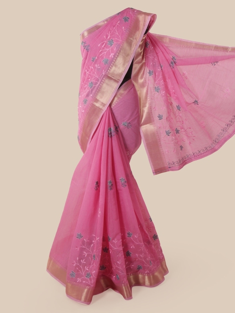 Pothys Pink Embroidered Chanderi Saree