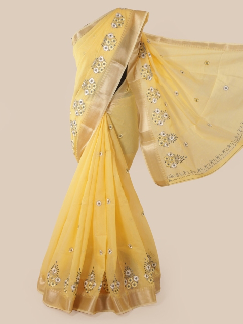 Pothys Yellow Cotton Blend Woven Design Chanderi Saree