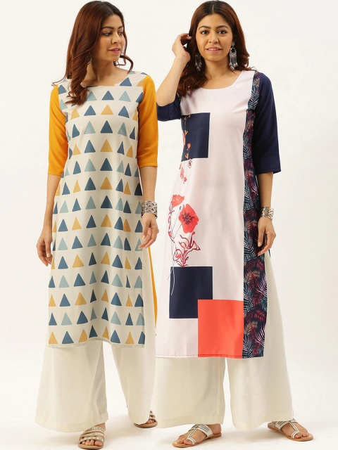 7Threads Women Pack of 2 Geometric Printed Crepe Kurtas, Off white