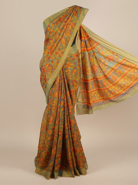 Pothys Teal Printed Jute Silk Saree