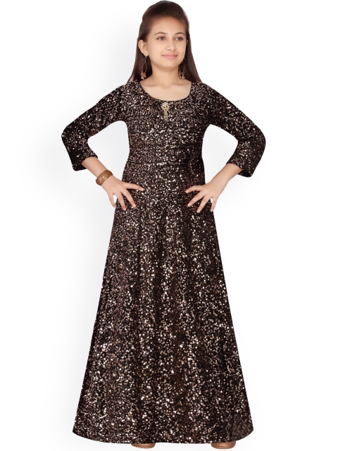 Aarika Girls Brown & Golden Sequinned Velvet Finish Gown