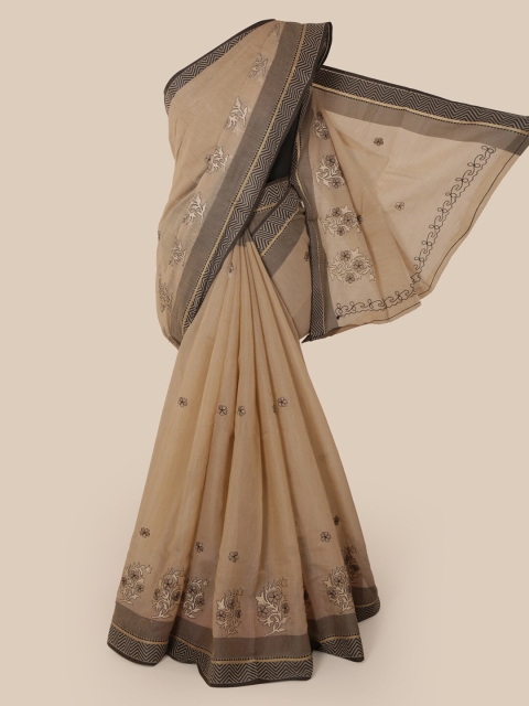 Pothys Cream-Coloured Cotton Blend Embroidered Chanderi Saree