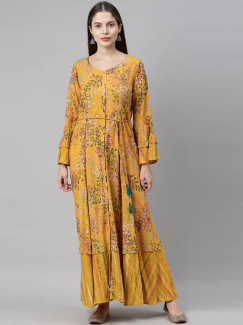 Neerus Mustard Yellow & Green Floral Ethnic Maxi Dress
