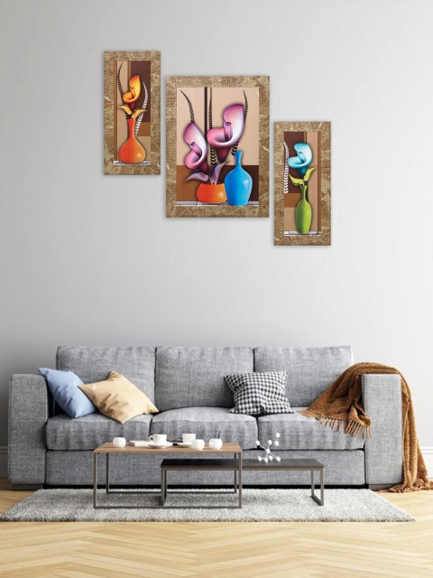 Indianara Set of 3 Multicoloured Flowers in Vases Framed Wall Paintings without Glass, Multi