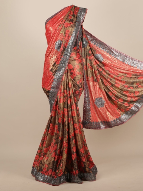 Pothys Red & Brown Jute Silk Embellished Saree